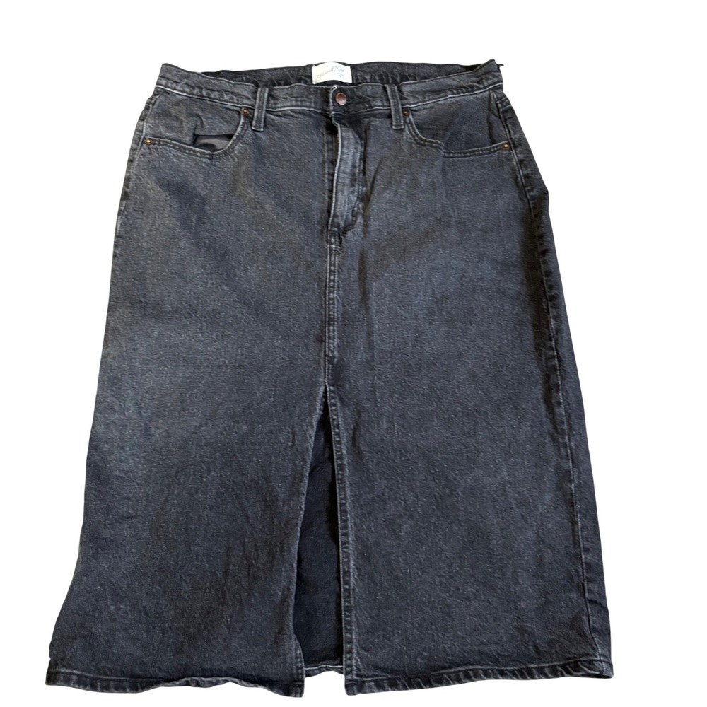 Denim Midi Skirt Womens 14 Black Front Slit High Rise Casual